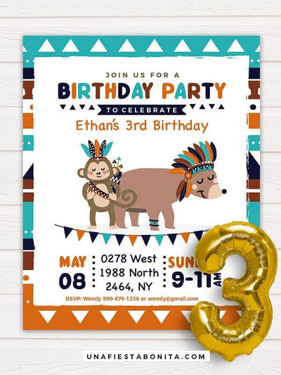 Tribal Printable Invitation Bear Turquoise