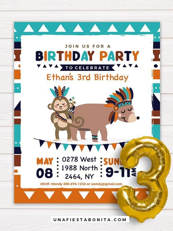 Tribal Printable Invitation Bear Turquoise