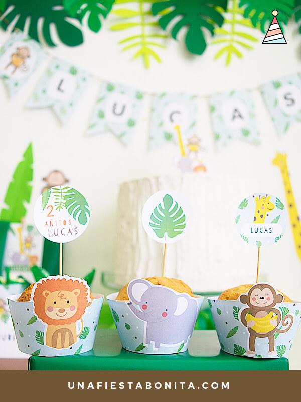wrapper para cupcake imprimible selva mono, elefante y leon