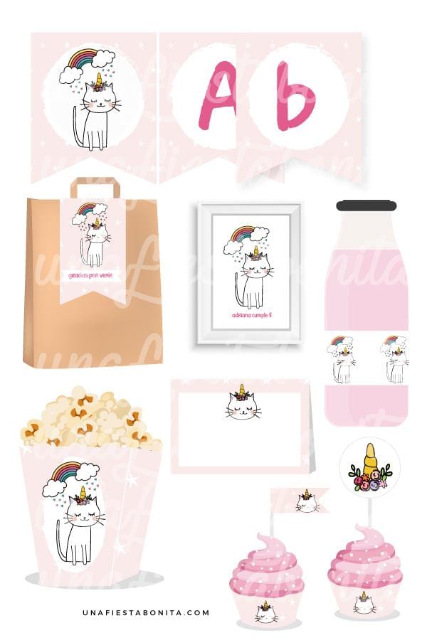 Kit imprimible para fiestas - Tema Cat Unicorn