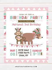 invitation girl pink tribal bear and monkey