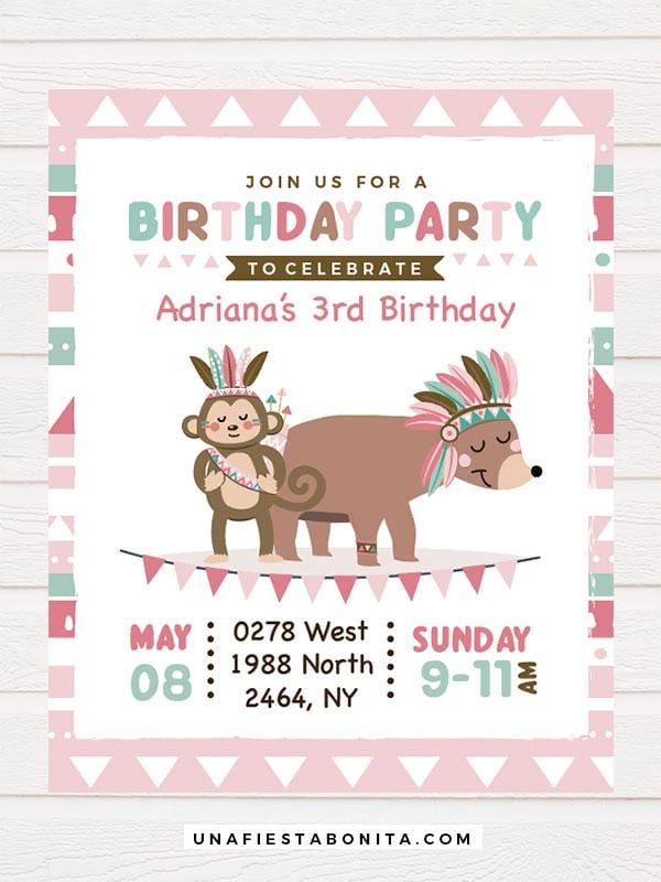 invitation girl pink tribal bear and monkey